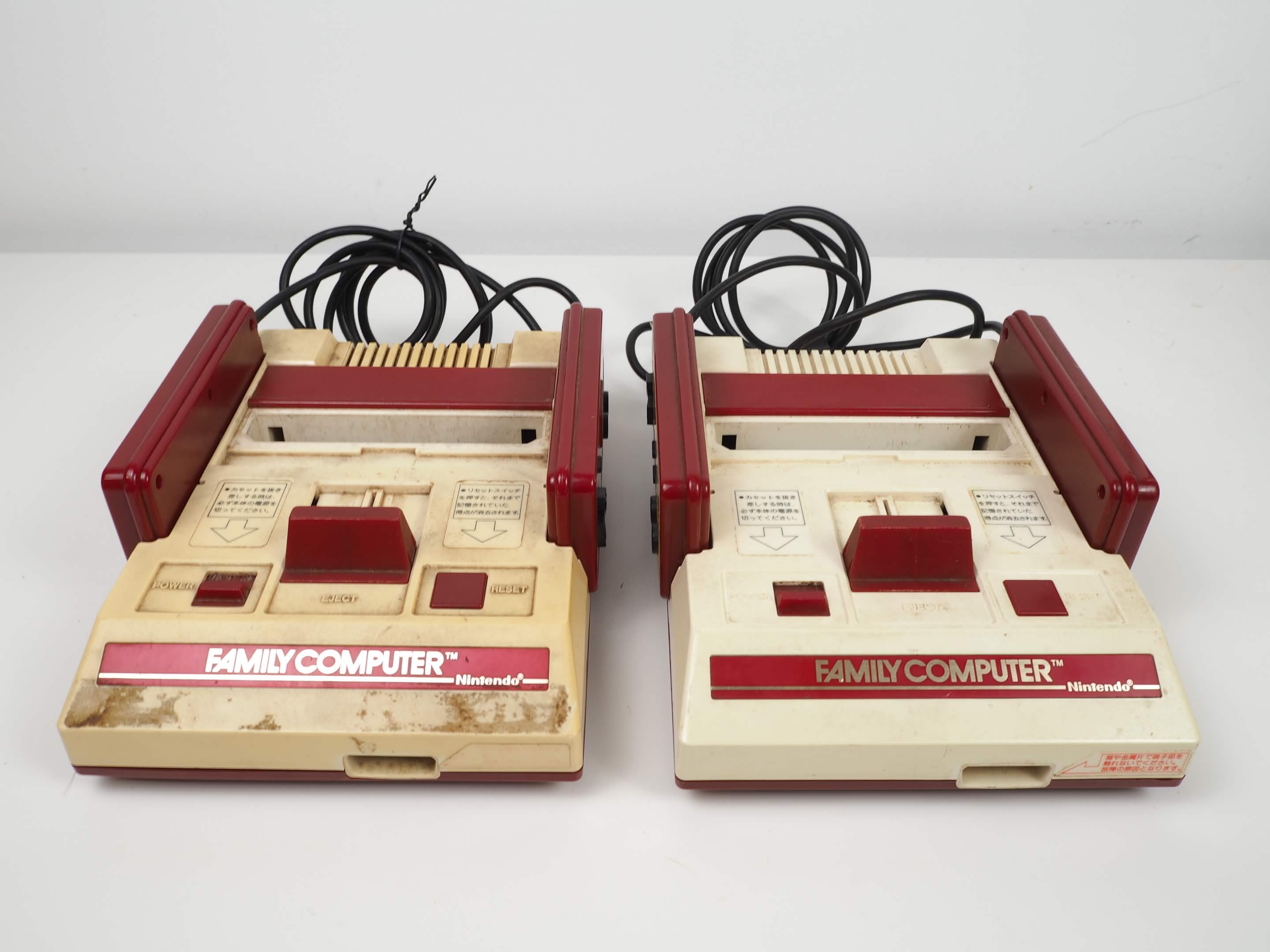 dirty and possibly broken famicom on the left. Clean and fully functional refurbished famicom on right.